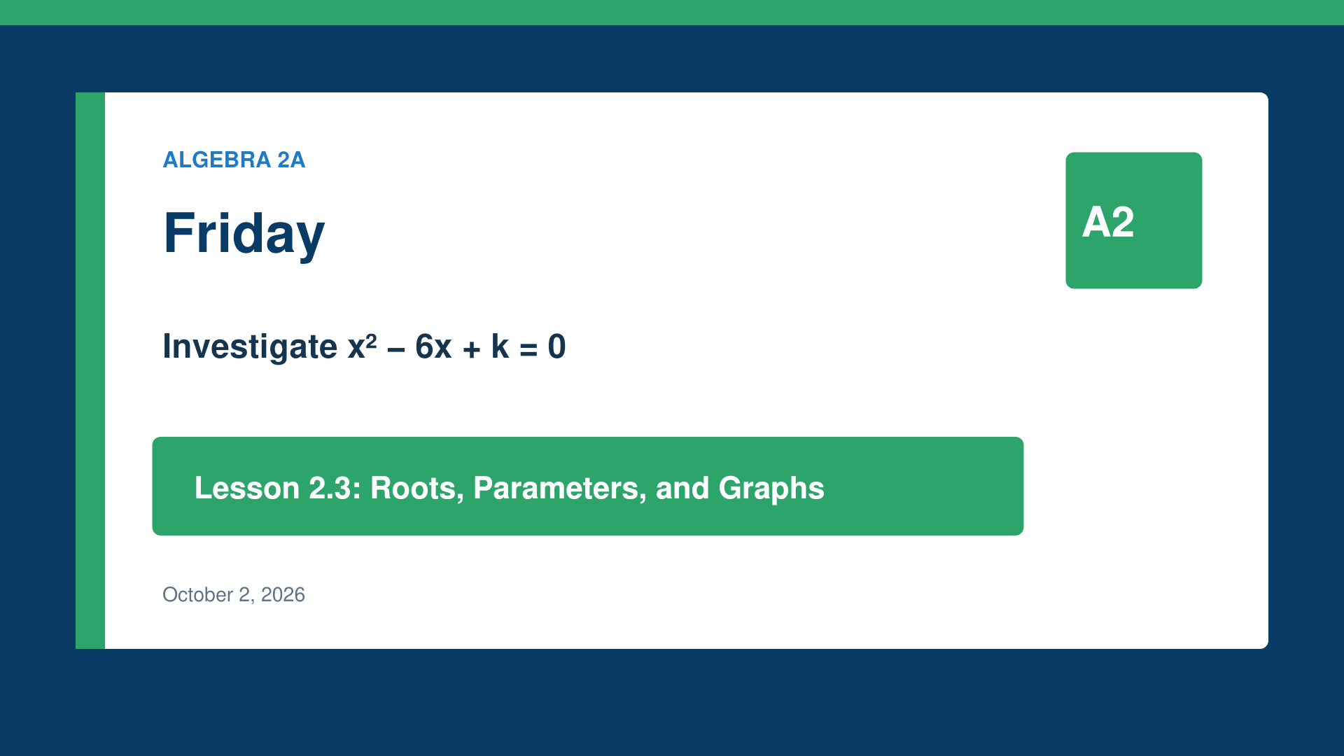 Algebra 2A: Investigate x² − 6x + k = 0